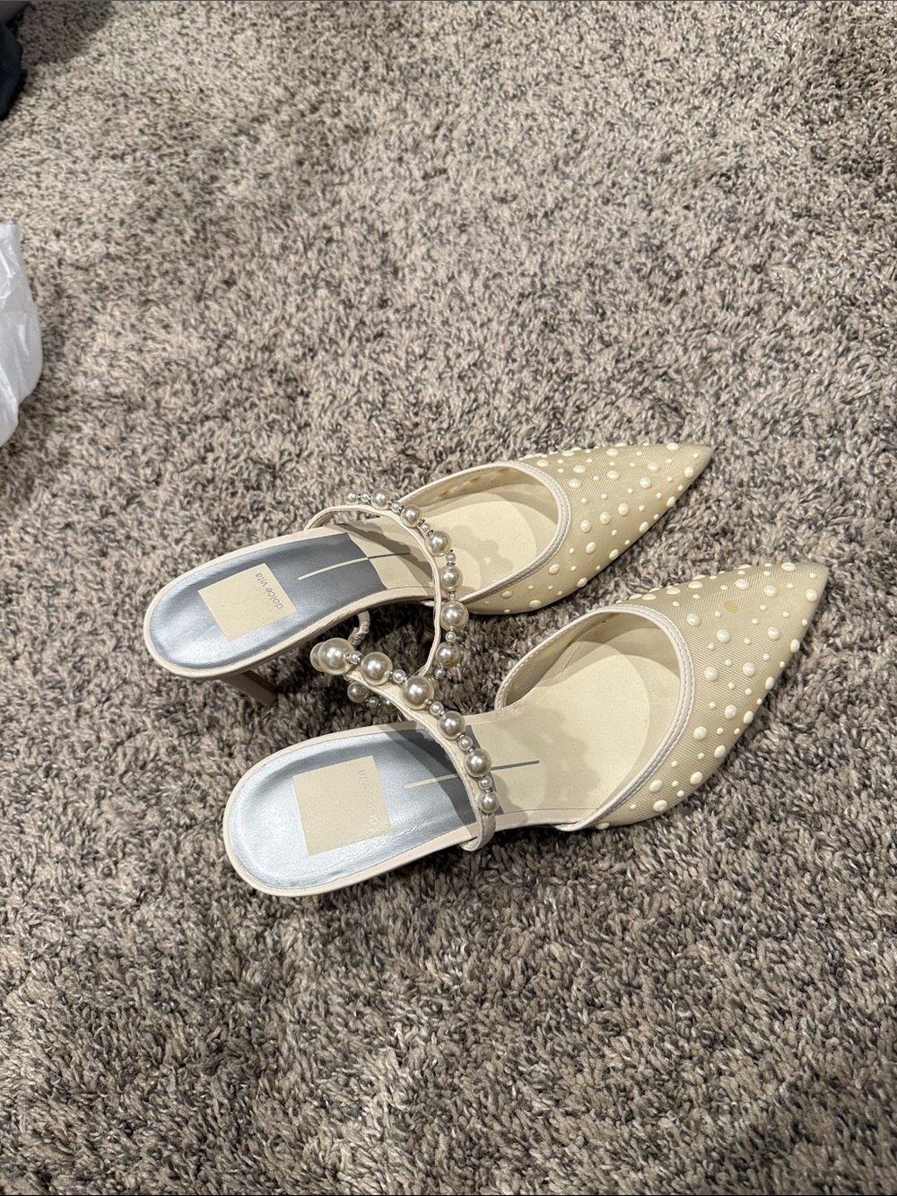 Dolce Vita Pearl-Embellished Pointed Toe Mules in Cream